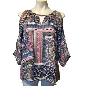 By & By boho top Women's medium Keyhole neckline Cold shoulder 3/4 sleeves Funky